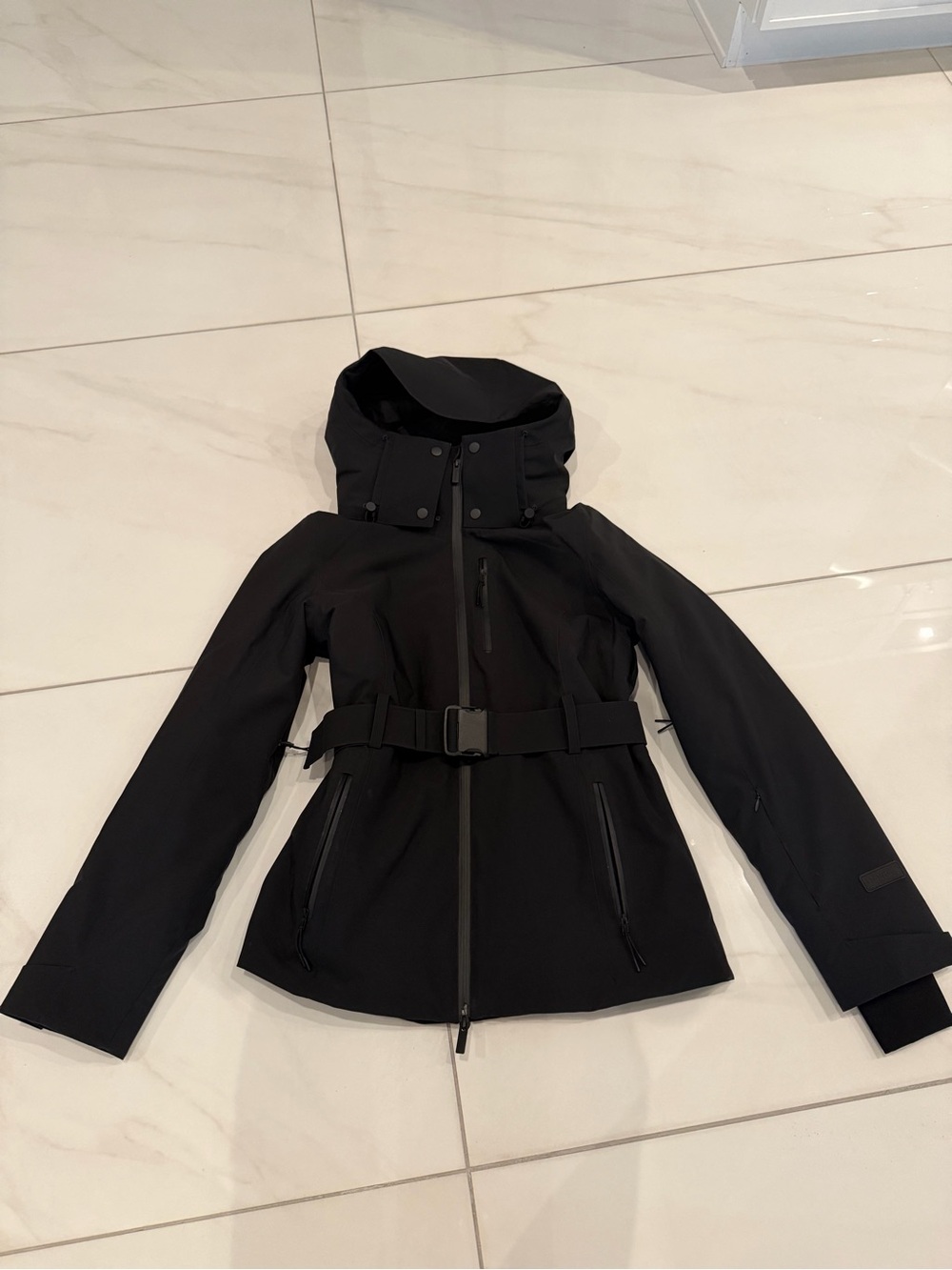 Women’s Black Hooded Ski Jacket with Waist Belt